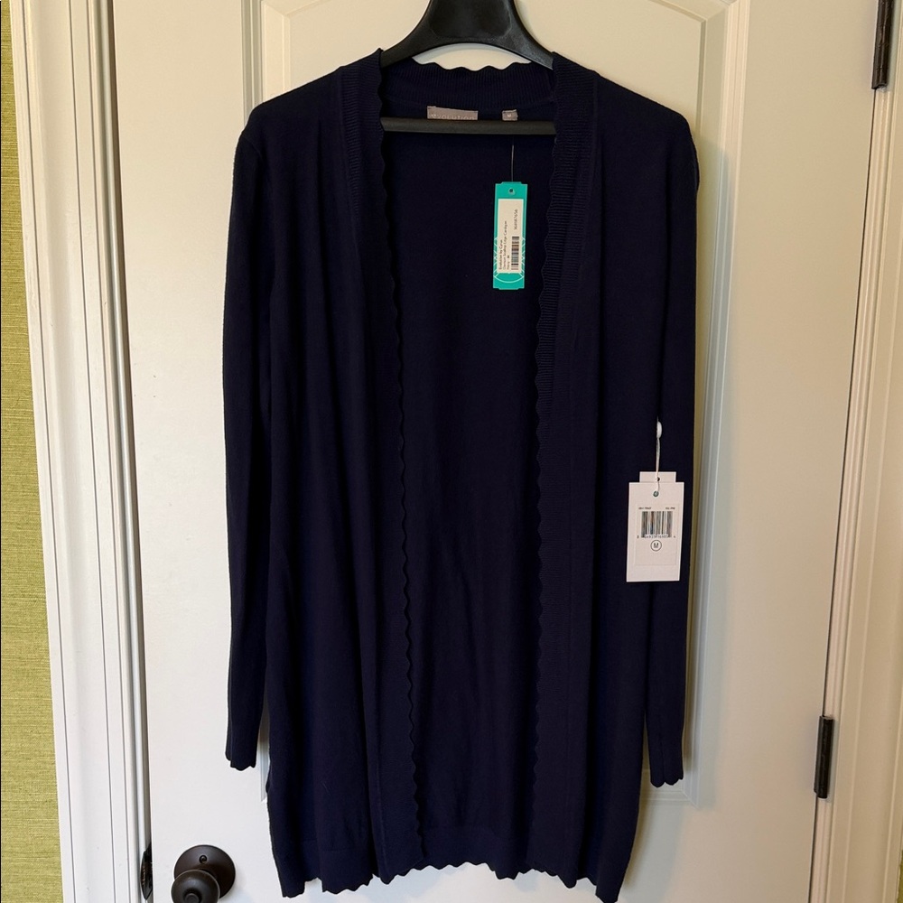 Scalloped-Trim Open-Front Cardigan Sweater in Navy